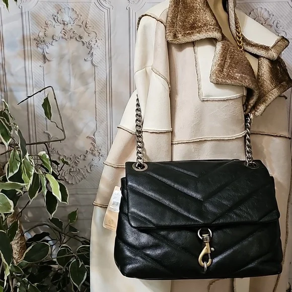 Rebecca Minkoff NWT 2 Faced Edie Black Maxi Quilted Chain Crossbody/Shoulder Bag - Picture 2 of 16